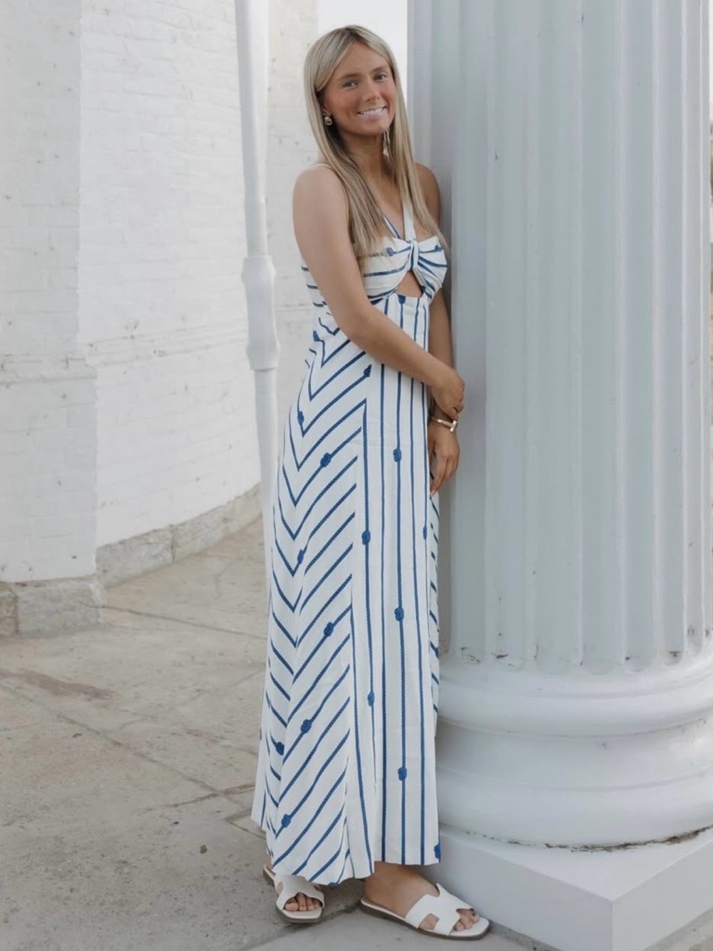 NWT Antonio Melani Nicki Linen Blend Rope Print Halter Nautical Maxi Dress